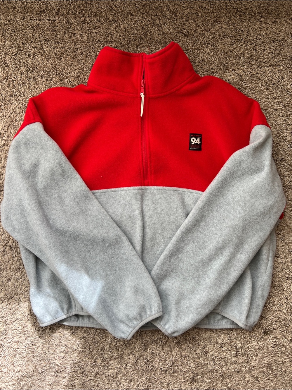 Women’s Two-Tone Red and Light Gray Half-Zip 90s Fleece Sweater